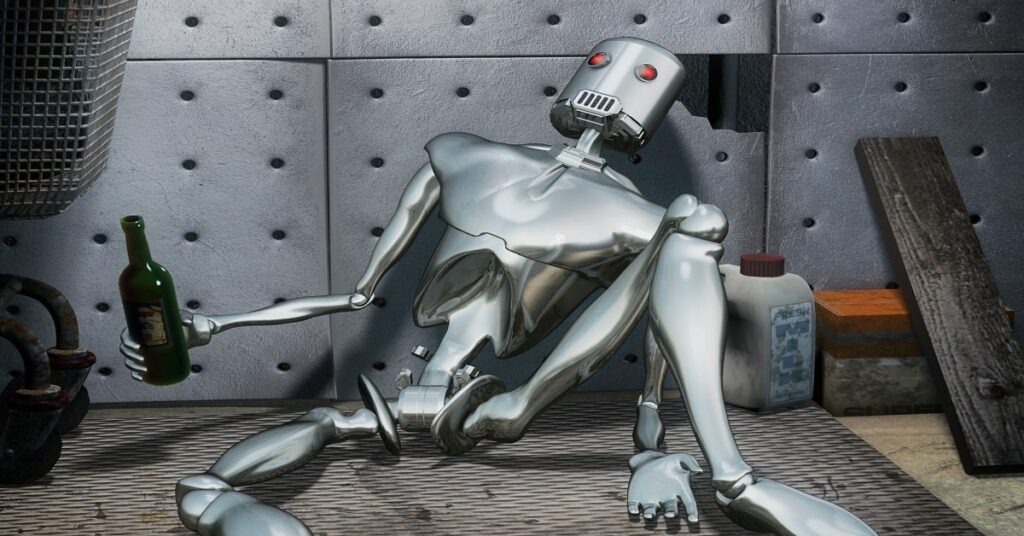 ai robot sitting tipsy on the floor