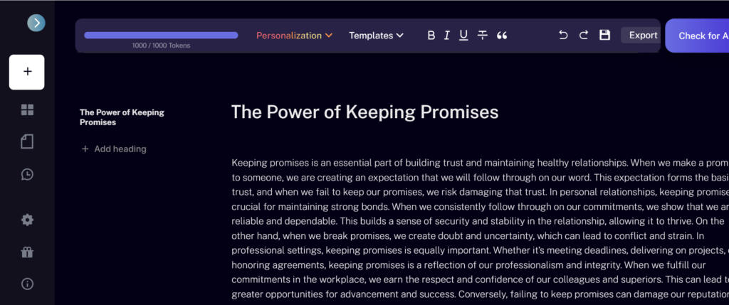 A user interface of Conch AI showing the text 'The Power of Keeping Promises' with tools for personalization and a progress bar indicating 1000 out of 1000 tokens used.