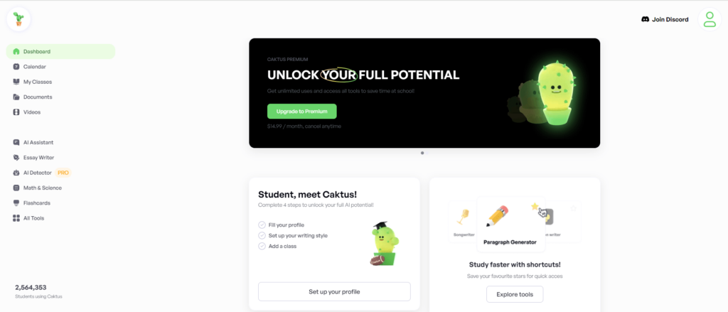 The homepage of Caktus AI, showcasing a clean and simple dashboard with navigation and feature highlights.