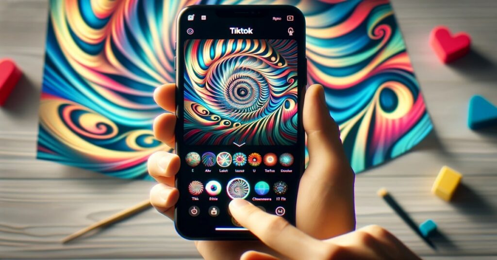 A smartphone held in hand displays a colorful TikTok AI art filter selection screen.